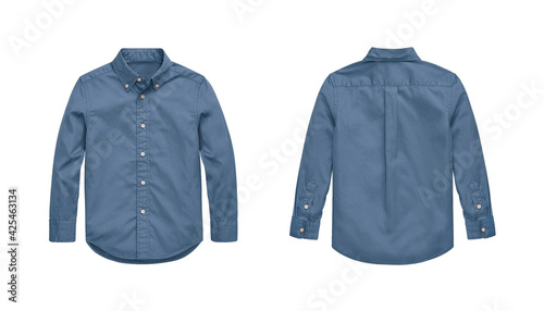 Blue blank classic shirt. Front and back view