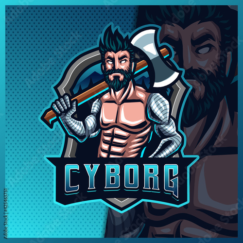 Robotic Cyborg Lumberjack mascot esport logo design illustrations vector template, Angry Lumberjack with Axe logo for team game streamer youtuber banner twitch discord