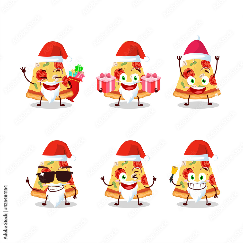 Santa Claus emoticons with slice of tomato cheese pizza cartoon character