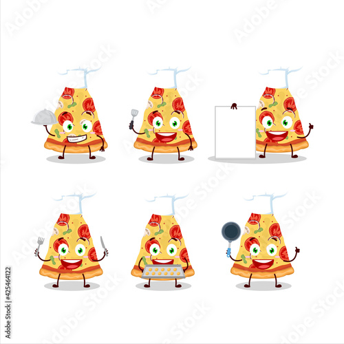 Cartoon character of slice of tomato cheese pizza with various chef emoticons