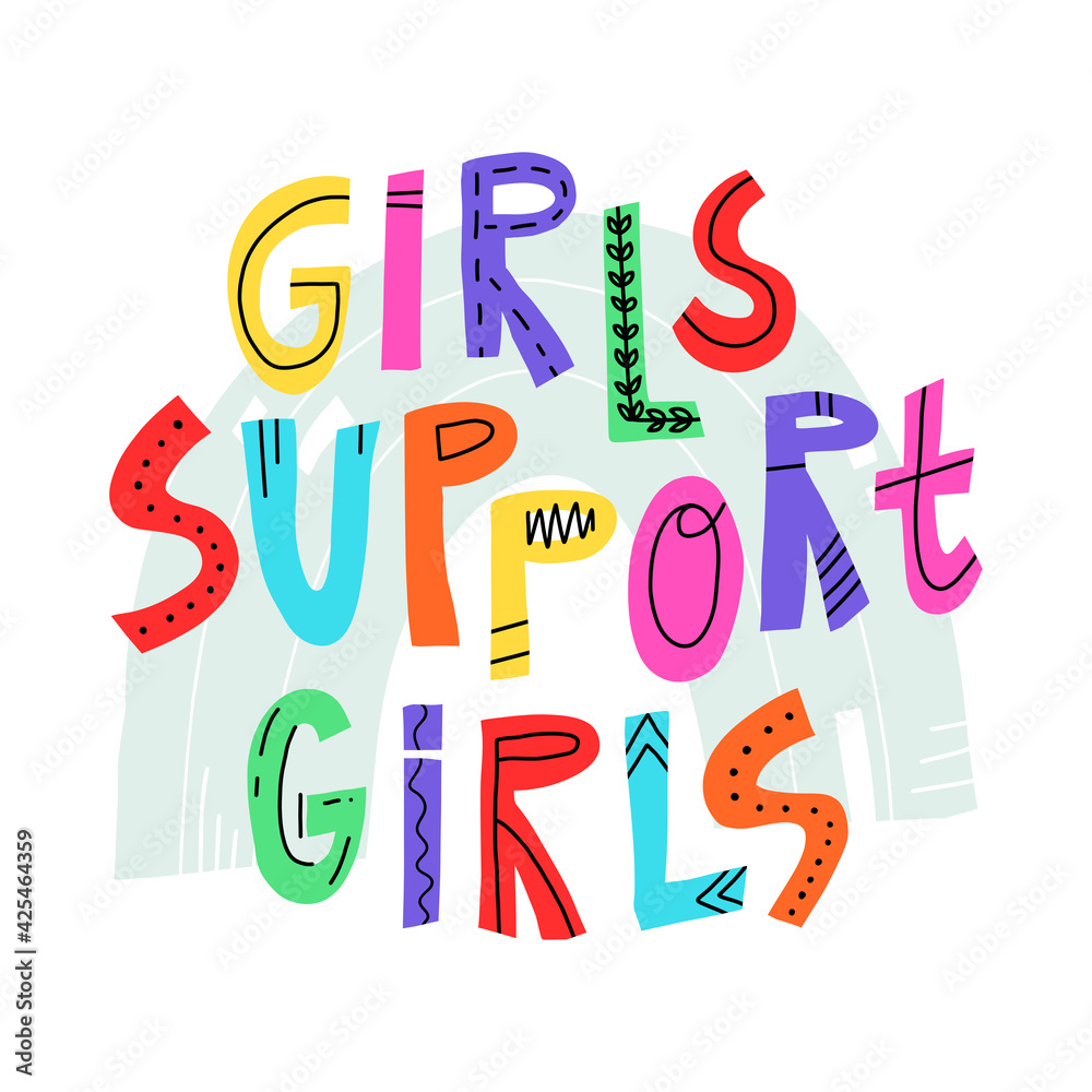 Cute pink hand lettering Girls support girls. Cartoon style isolated illustration.