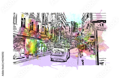 BUIlding view with landmark of Monte is the 
city in California. Watercolor splash with hand drawn sketch illustration in vector.