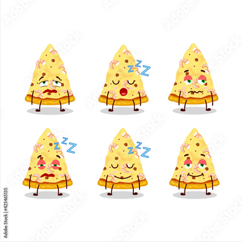 Cartoon character of slice of marinara pizza with sleepy expression