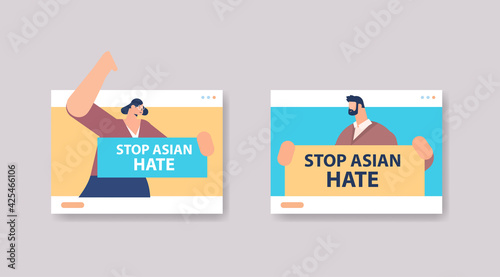people holding text banners against bullying and racism stop asian hate support during covid-19 coronavirus pandemic
