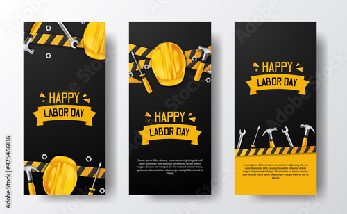 Social media stories banner for labor day with 3d safety helmet worker, hammer, wrench, screwdriver, with yellow line and black background photo