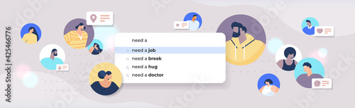 mix race people profiles choosing need a job in search bar on virtual screen find job online recruitment service