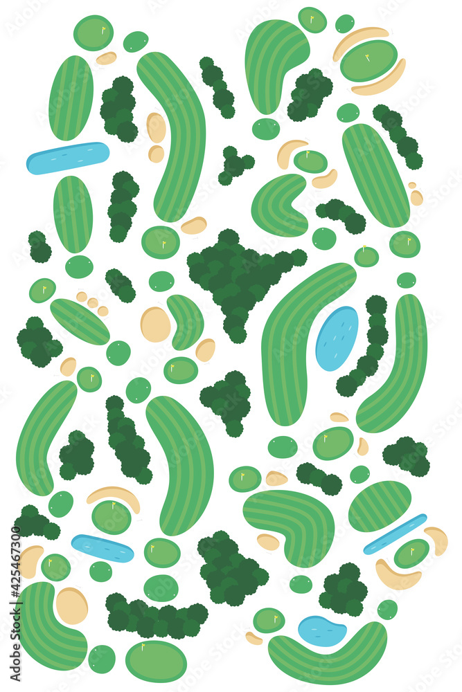 ゴルフ場のイラスト。ウォーターハザードやバンカーがある18ホール。