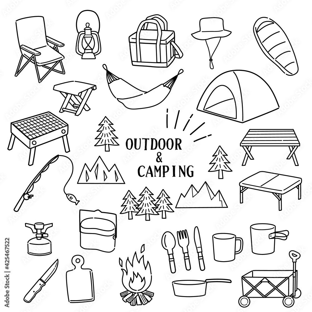 アウトドア キャンプアイテムの線画素材セット Stock Vector Adobe Stock