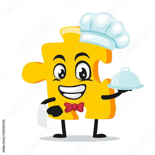 vector illustration of puzzle mascot or character wearing chef hat and serve food