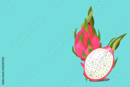 Bright vector image of dragon fruit pitahaya (whole and cut lengthwise) on a light blue background with space for text.