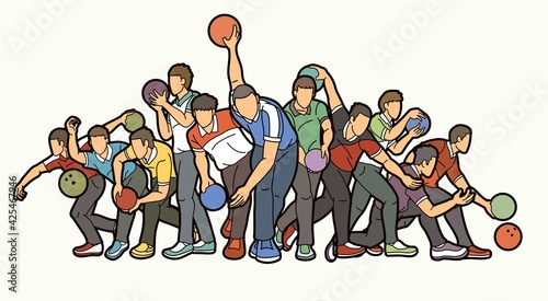 Group of Bowling Sport Men Players Action Cartoon Graphic Vector