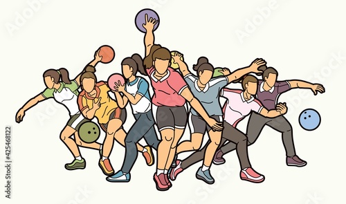 Group of Bowling Sport Women Players Action Cartoon Graphic Vector