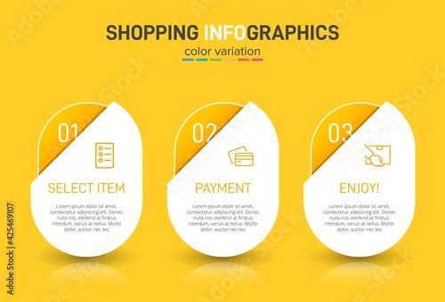 Concept of shopping process with 3 successive steps. Three colorful graphic elements. Timeline design for brochure, presentation, web site. Infographic design layout.