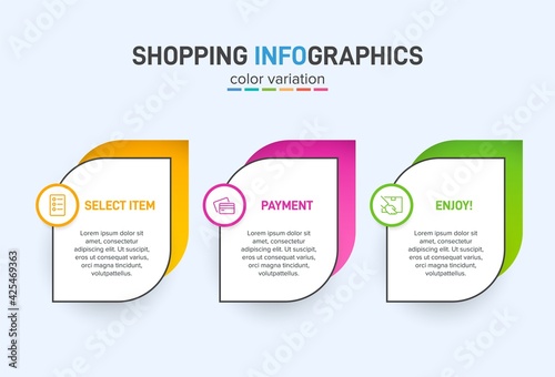 Concept of shopping process with 3 successive steps. Three colorful graphic elements. Timeline design for brochure, presentation, web site. Infographic design layout.