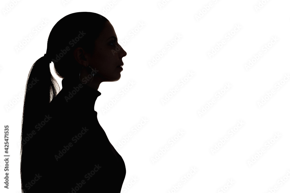 Calm woman. Silhouette profile portrait. Identity personality. Way direction. Choice decision. Dark female shape looking straight isolated on white copy space.