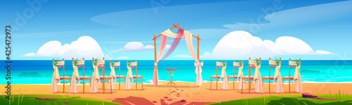 Beach wedding arch and decoration on seaside. Wooden archway and chairs with flowers stand on ocean sandy shore with scatter petals. Gate for marriage, matrimony ceremony. Cartoon vector illustration