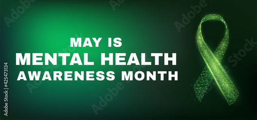 Mental health awareness month concept. Banner template with glowing low poly green ribbon Vector illustration.