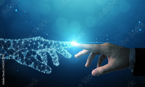 Fotografi Hand of businessman touching hand artificial intelligence meaning technology con