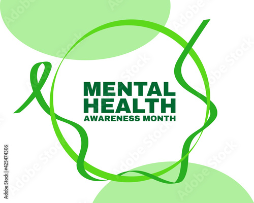 Mental health awareness month concept. Banner template with green ribbon and text.  Vector illustration.