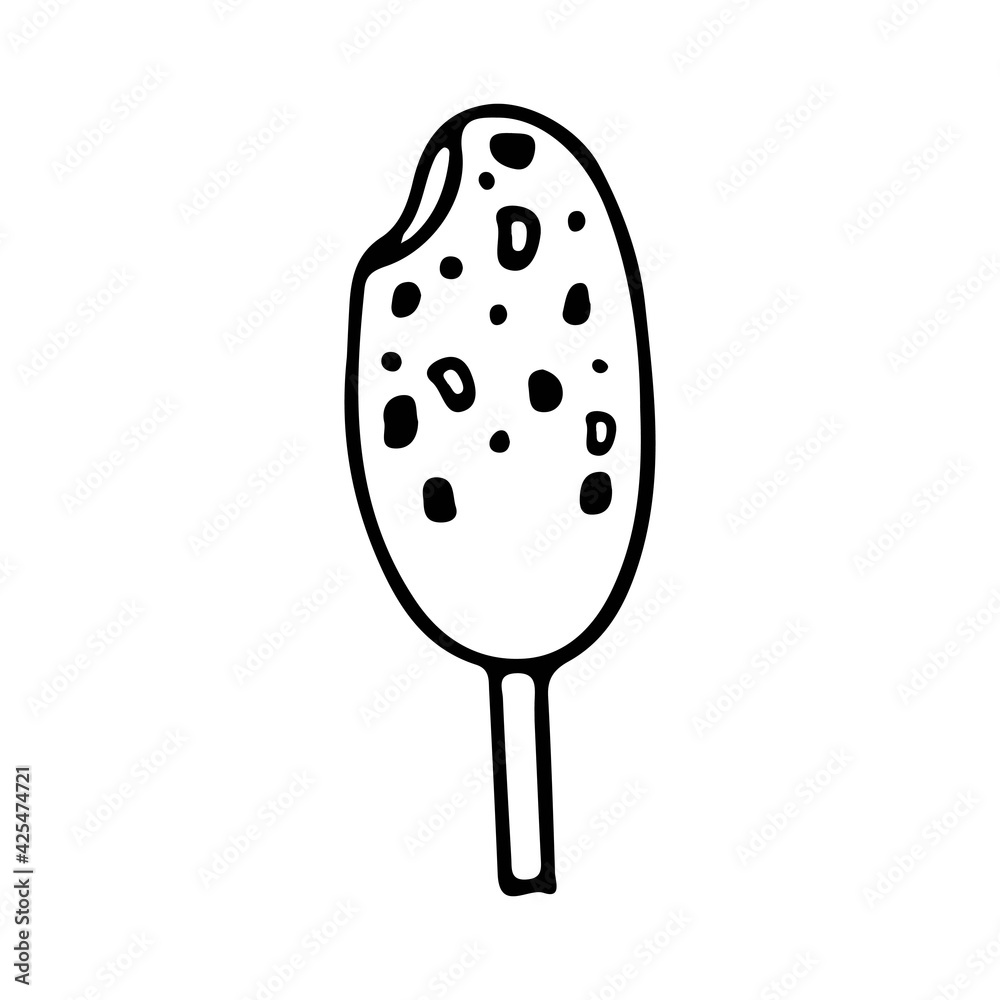 Ice cream on a stick with a bitten off top. Summer dessert hand drawn with contour in doodle style. Vector illustration. Ice cream on a stick with a bitten off top. Summer dessert hand drawn with contour in doodle style. Vector illustration.