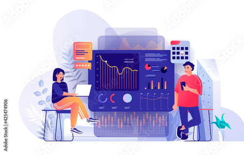 Big Data analysis scene. Man and woman analyzing charts, diagram and graphs at dashboard. Business strategy and analytics, management concept. Vector illustration of people characters in flat design