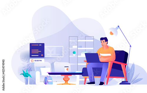 Freelance working scene. Man working on laptop from home office. Freelance, self employment job, remote work, comfortable workplace concept. Vector illustration of people characters in flat design