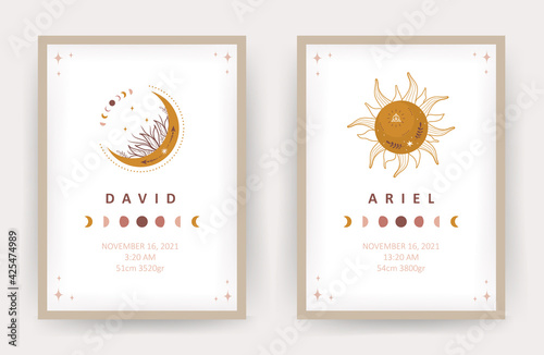 Boho moon and sun. Posters with kid name. Scandinavian design for children room wall decor. Cute pastel vector illustration in cartoon style.