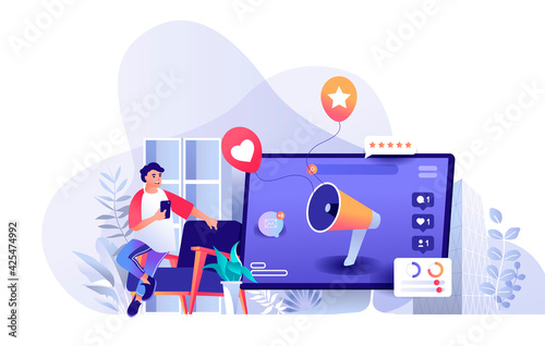 Social media marketing scene. Marketer promotes new business at social media, huge megaphone attracting new customers. Advertising concept. Vector illustration of people characters in flat design
