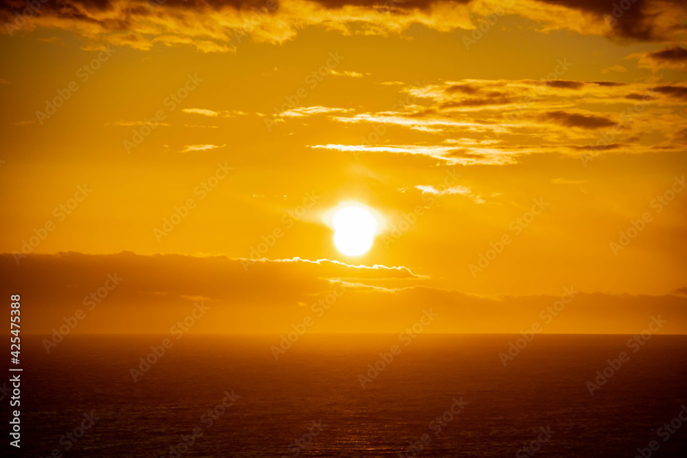 The sun setting over the rough seas of the Pacific Ocean off the coast of Washington State.