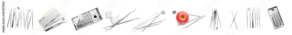 Set of professional dentist's tools on white background Set of professional dentist's tools on white background