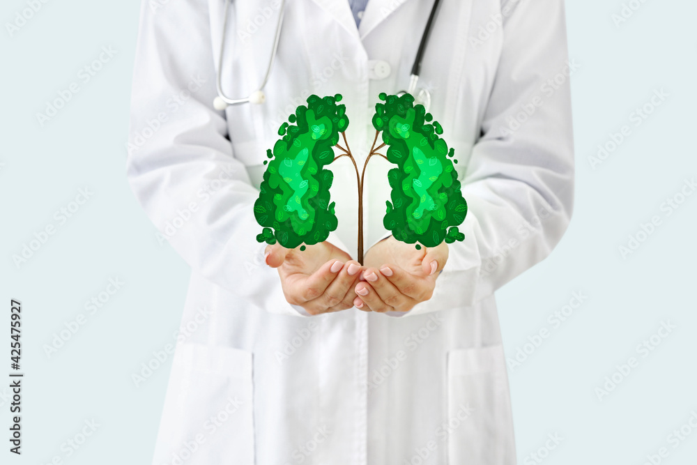 Doctor holding drawing of green tree in shape of human lungs on light background Doctor holding drawing of green tree in shape of human lungs on light background