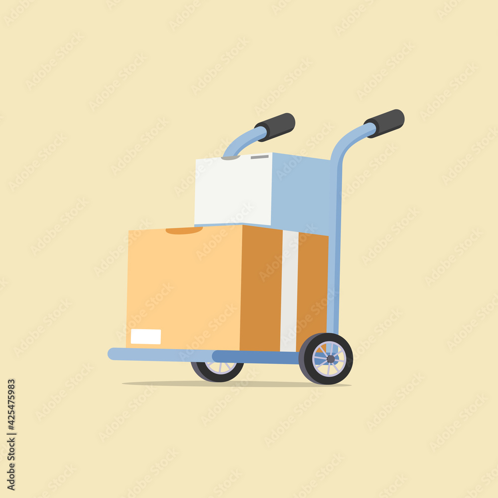 Barrow full of boxes isolated on brown. Metallic wheeled trolley with cardboard box. Delivery service and logistics Barrow full of boxes isolated on brown. Metallic wheeled trolley with cardboard box. Delivery service and logistics