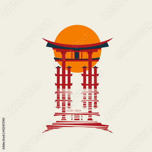 Japanese Torii gate with puddle. Symbol of Japan, shintoism religion. Red wooden sacred tori arch. Ancient entrance, Eastern heritage and landmark. Oriental religious architecture