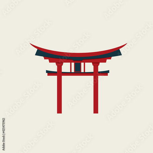 Japanese Torii gate. Symbol of Japan, shintoism religion. Red wooden sacred tori arch. Ancient entrance, Eastern heritage and landmark. Oriental religious architecture