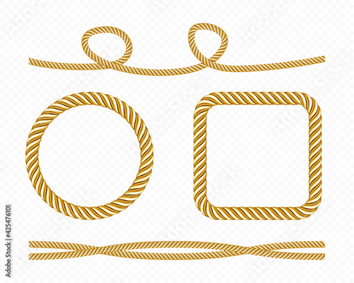 Gold silk cords, round and square frames of satin rope, golden threads, decorative sewing items isolated on transparent background. Tie borders, curve and twisted bows, Realistic 3d vector set