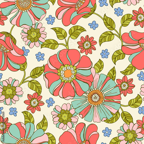 Colorful Large Scale Hand-Drawn Floral Vector Seamless Pattern. Retro 70s Style Nostalgic Fashion Textile Bold Background. Summer Resort Print. Daisies. Flower Power