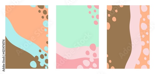 Simple abstract vector set of brochures, covers in pastel colors. Pink, blue, brown colors. For wallpaper, posters, calm background.
