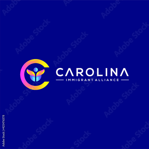 letter C design Logo, people celebrating  having fun or friends sharing joy  happiness. This unusual vector also represents excited people, people dancing, school children or kids playing