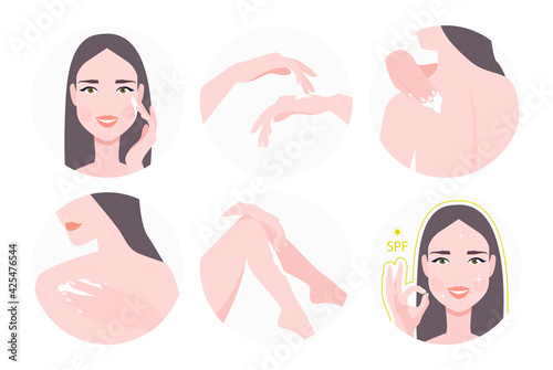 The girl applies sunscreen. Burn cream. Smooth tan. Precautions against burning. Prevention of burns. Preparing for the beach. Cream with a protective filter spf. uv face and body cream.