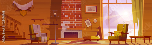 Old abandoned chalet house with broken wooden staircase and fireplace. Vector cartoon messy interior of traditional lodge, mountain cottage living room with torn curtains and chair upholstery