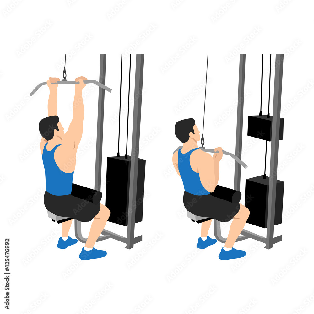 Fototapeta premium Man doing Close grip lat pulldowns flat vector illustration isolated on white background