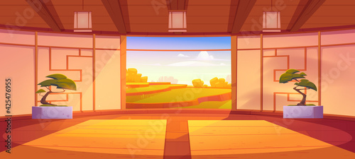 Dojo room, empty japanese style interior for meditation or martial arts workout with wooden floor, bonsai trees and open door with scenic peaceful view on asian rice field, Cartoon vector illustration