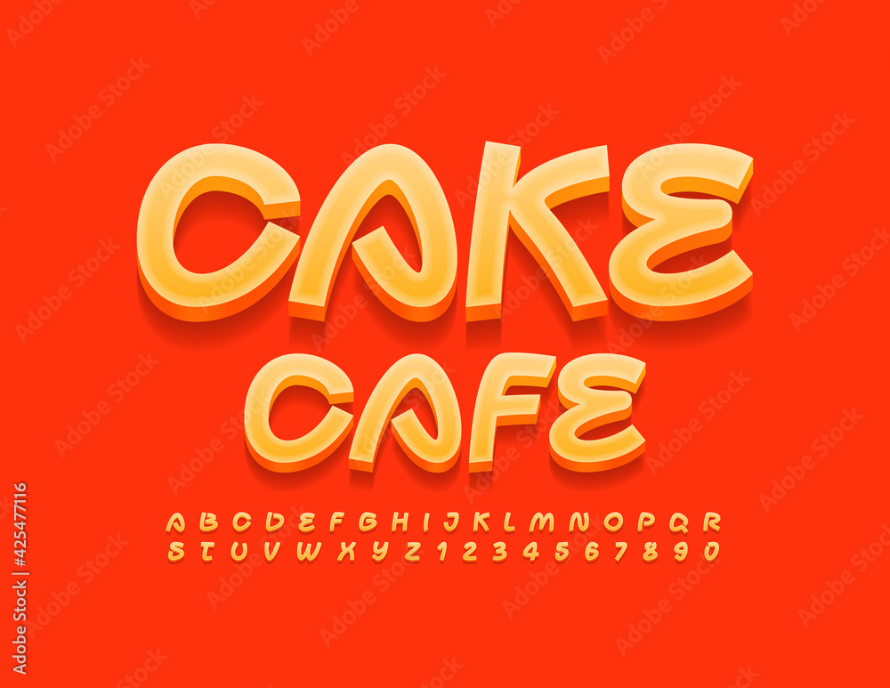 Vector bright logo Cake Cafe. Artistic orange Font. Creative set of Alphabet Letters and Numbers