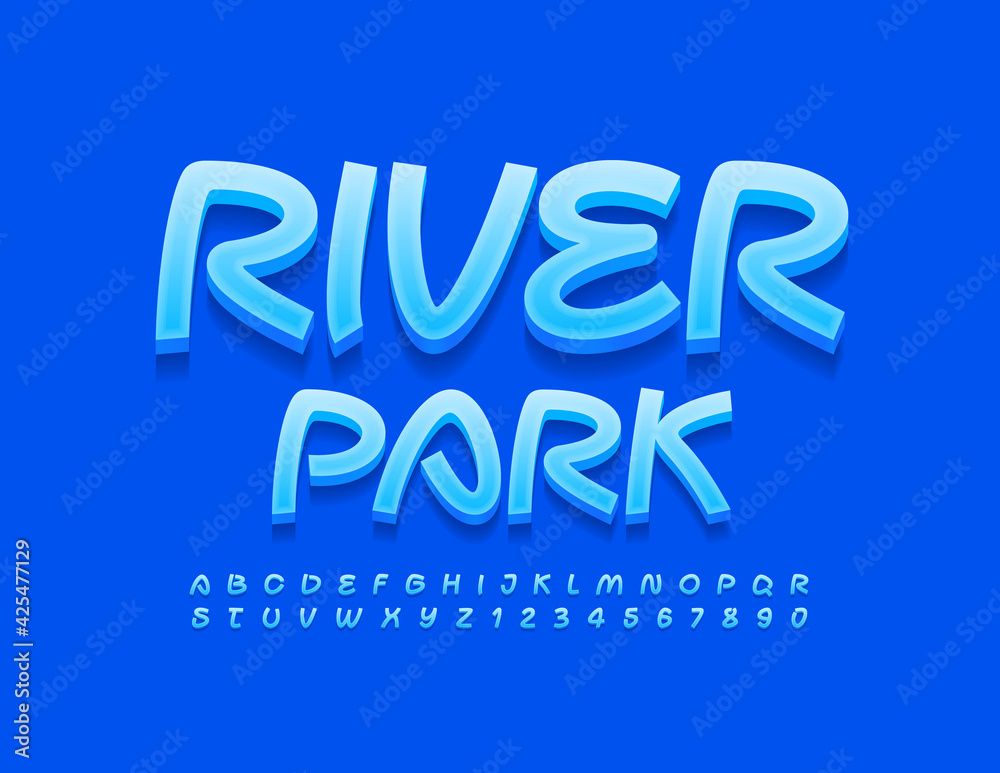 Vector blue sign River Park. Creative handwritten Font. Bright Alphabet Letters and Numbers set Vector blue sign River Park. Creative handwritten Font. Bright Alphabet Letters and Numbers set
