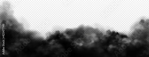 Black smoke clouds, dirty toxic fog or smog. Vector realistic illustration of dark steam, smoky mist from fire, explosion, burning carbon or coal. Black fume texture isolated on transparent background photo