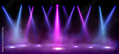 Stage lights, spotlight beams with smoke on black background, glowing studio or theater scene lamp rays, purple illumination on floor and ceiling for concert or show presentation, Realistic 3d vector