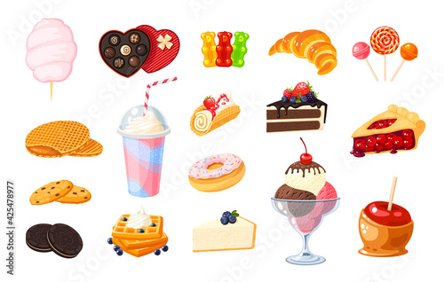 Sweets and desserts collection. Vector illustration cartoon flat icon set isolated on white background.