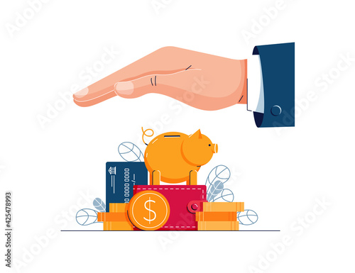 Savings protection vector illustration. Business hand covers the wealth, protects from risks, crisis, provides security. Insurance, money protection, finance safety concept for banner. Flat style