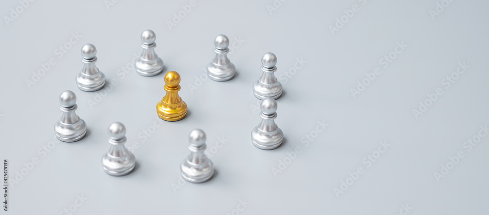 golden chess pawn pieces or leader leader businessman with circle of silver men. leadership, business, team, and teamwork concept golden chess pawn pieces or leader leader businessman with circle of silver men. leadership, business, team, and teamwork concept