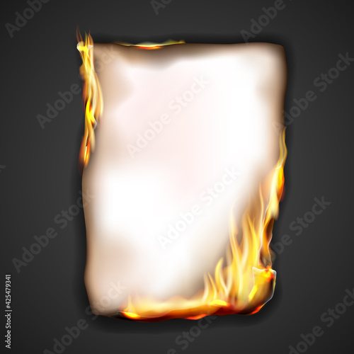 Paper burning in fire flame, realistic vector burnt paper with sparks on edge frame. Burning paper scroll or card on black background, note page or parchment sheet, igniting in fire flamesv